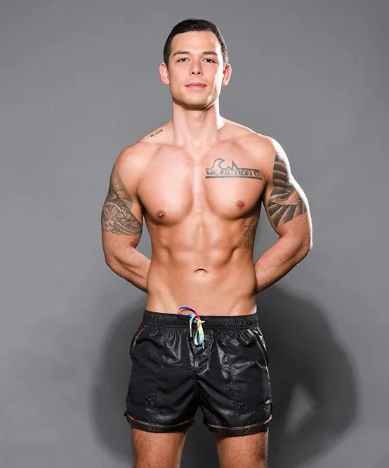 Andrew Christian Anal Pride Active Swim Shorts w Rainbow Charm Black