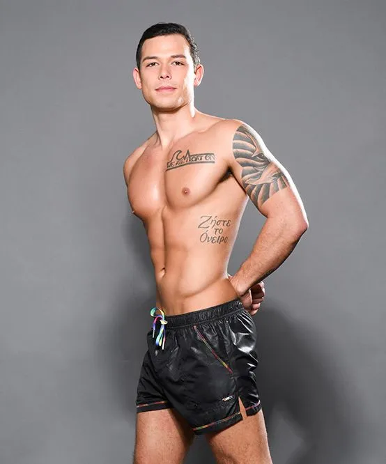 Andrew Christian Anal Pride Active Swim Shorts w Rainbow Charm Black
