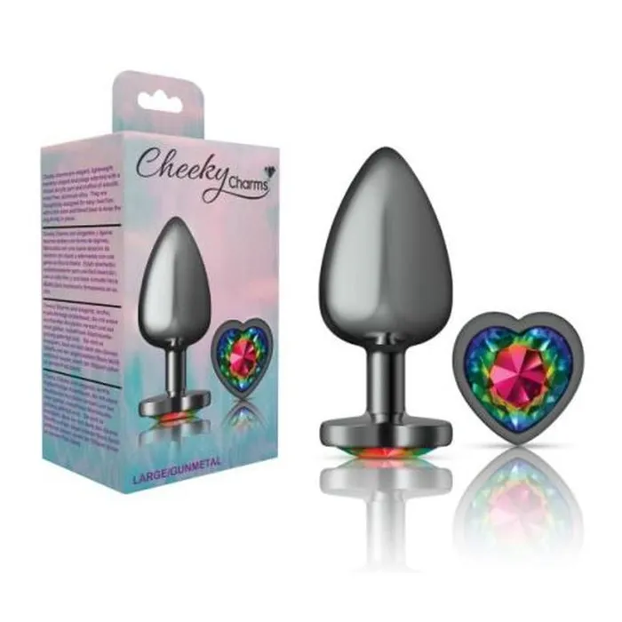 Cheeky Charms Anal Cheeky Charms Gunmetal Butt Plug w Heart Rainbow Jewel Large