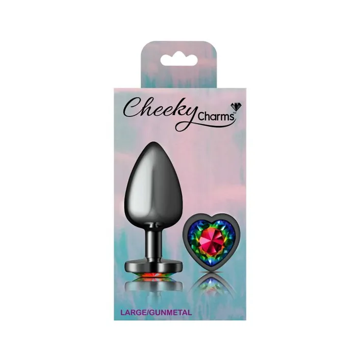 Cheeky Charms Anal Cheeky Charms Gunmetal Butt Plug w Heart Rainbow Jewel Large