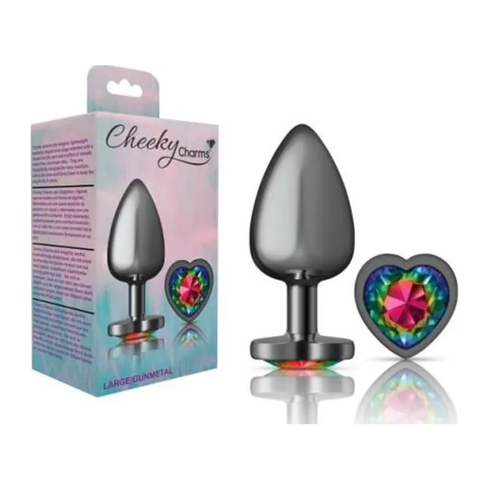 Cheeky Charms Anal Cheeky Charms Gunmetal Butt Plug w Heart Rainbow Jewel Large