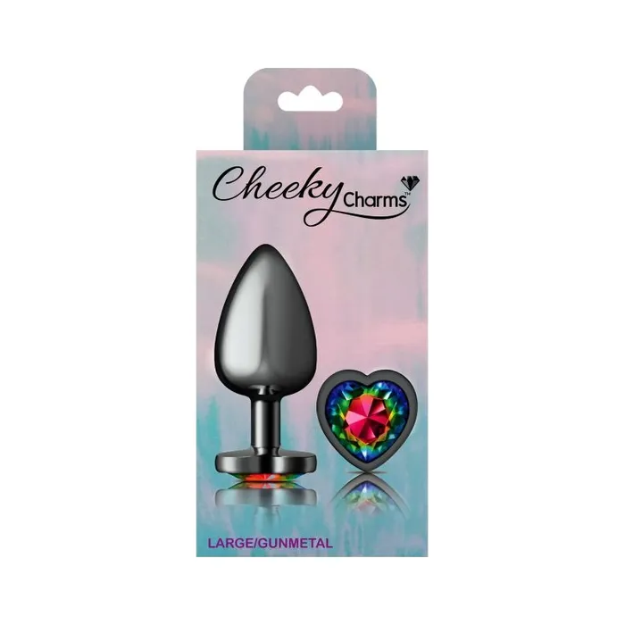 Cheeky Charms Anal Cheeky Charms Gunmetal Butt Plug w Heart Rainbow Jewel Large