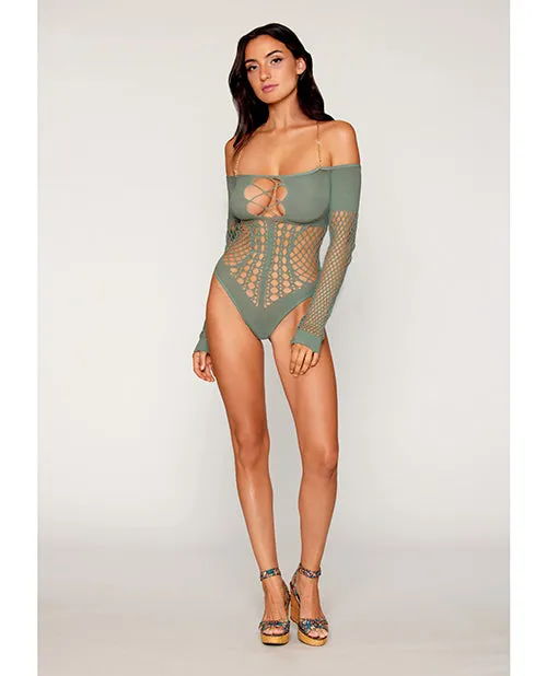 Dreamgirl International Male Sex Toys Long Sleeve Opaque and Fishnet Seamless Teddy wRemovable Halter Chain Sage Green OS Dreamgirl International Male Sex Toys Long Sleeve Opaque and Fishnet Seamless Teddy wRemovable Halter Chain Sage Green OS