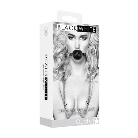 Shots America LLC Couples Ouch Black White Collection Breathable Ball Gag With Nipple Clamps Black Shots America LLC Couples Ouch Black White Collection Breathable Ball Gag With Nipple Clamps Black