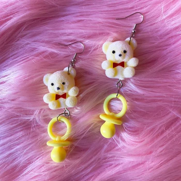 The Kinky Peach Vibrators Yellow Teddy Bear Pacifier Earrings
