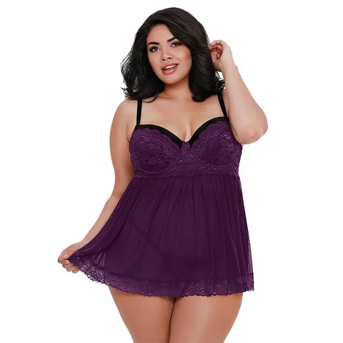 Dg Lace Ovrlay Bdoll W GStrng Plum 1X Dreamgirl International Couples
