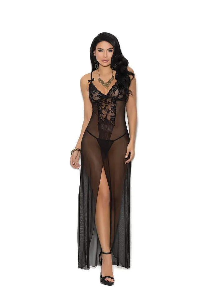 Elegant Moments Sheer Mesh Gown GString Set S Black Elegant Moments Anal