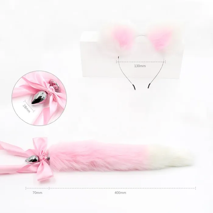 House of Dasein Butt Plug Tails Pink White Ears Headband Kitten Or Rabbit Tail Metal Butt Plug Anal