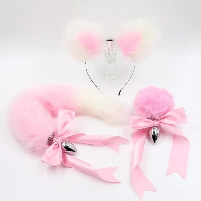 House of Dasein Butt Plug Tails Pink White Ears Headband Kitten Or Rabbit Tail Metal Butt Plug Anal