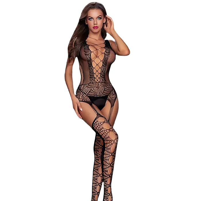 Bodystockings Playsuits EVEs SECRETS Black Deep Neck Bodystocking Erotic Female Lingerie Sexy Womens Clothing with Access