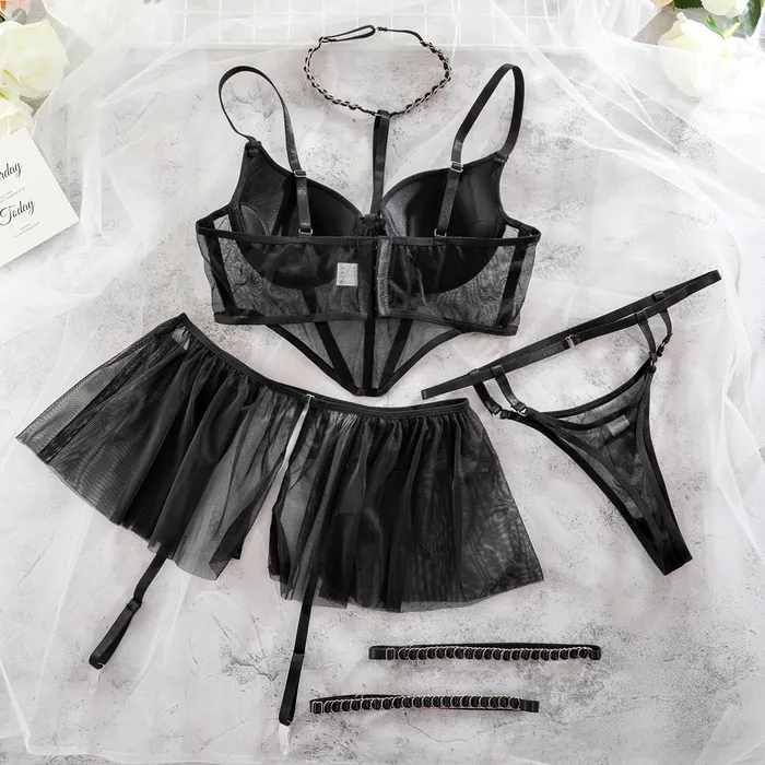 Couples Sexy 4Piece Intimate Set Fancy Womens Lingerie Ruffled Garters Exotic Sets EVEs SECRETS