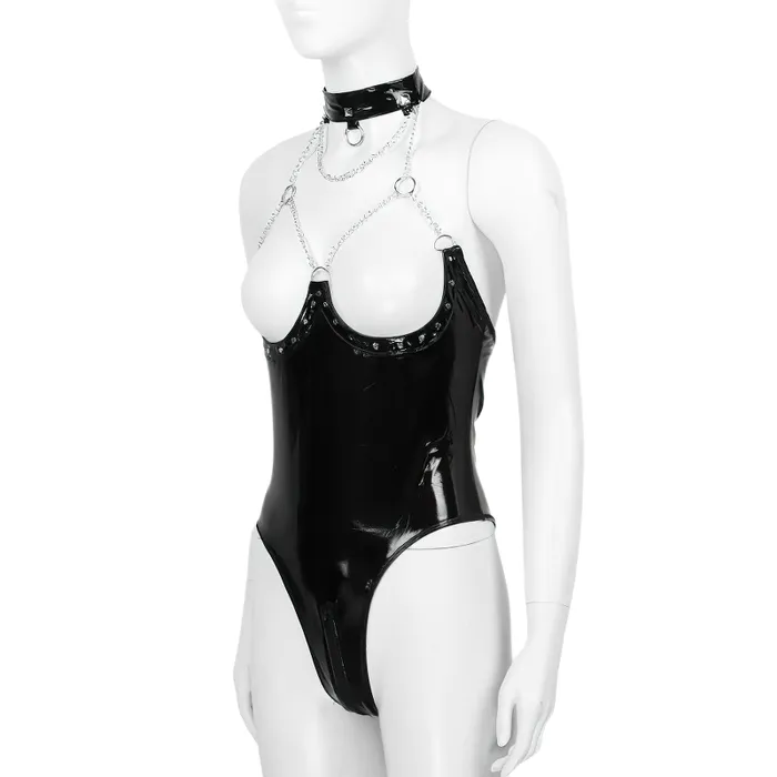 Male Sex Toys EVEs SECRETS Womens Open Cup Wet Look Bodysuit PU Leather Low Back Zippered Crotch Nightwear