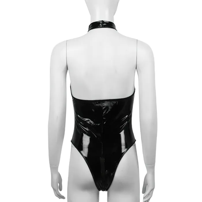 Male Sex Toys EVEs SECRETS Womens Open Cup Wet Look Bodysuit PU Leather Low Back Zippered Crotch Nightwear