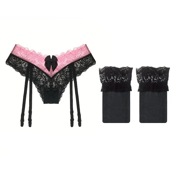 Tempting Garter Belt with Stockings Womens Sexy Lace Lingerie with Bowknot EVEs SECRETS Female Sex Toys
