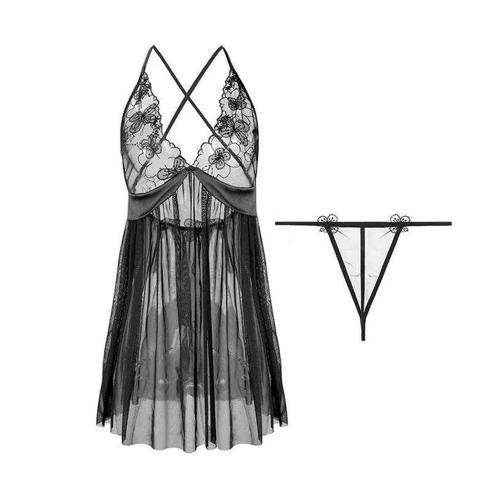 Late Night Deep V Lace Babydoll Set Thorn Feather Anal