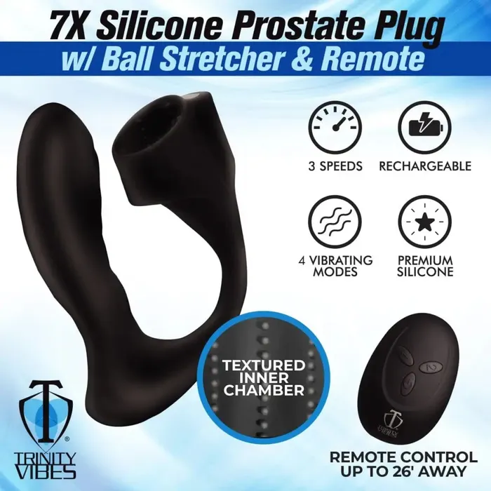 7x Silicone Prostate Plug With Ball Stretcher And Remote Trinity Vibes Male Sex Toys