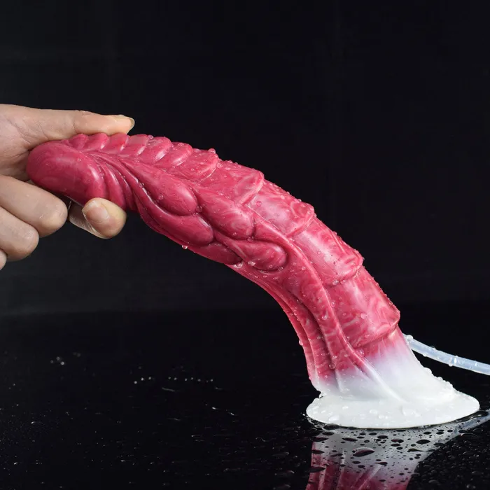 Anal Modi Ejaculation Fantasies N5009 Red Scale Texture Liquid Silicone Squirting Dildo 9 Inch