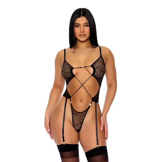 Forplay INC Anal Pull My Strings Sheer Mesh Teddy wGarters Faux Pearl Details Black Forplay INC Anal Pull My Strings Sheer Mesh Teddy wGarters Faux Pearl Details Black