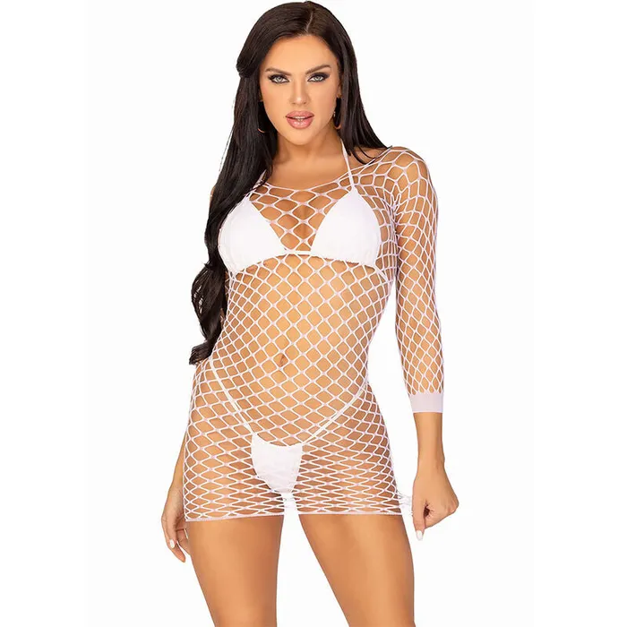 Leg Avenue Male Sex Toys LEG AVENUE LONG SLEEVE NET DRESS WHITE ONE SIZE