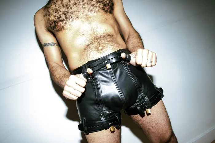 Male Sex Toys Up Front Leather Chastity Shorts Maximum Secure Fetters