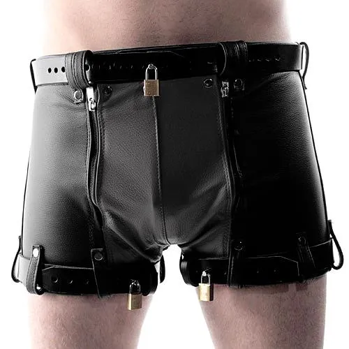 Male Sex Toys Up Front Leather Chastity Shorts Maximum Secure Fetters