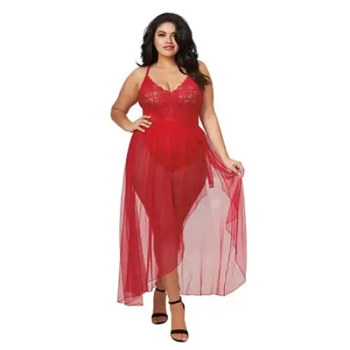 Plus Size Dreamgirl International Dreamgirl PlusSize Stretch Lace Teddy Sheer Mesh Maxi Skirt With Adjustable Straps GString Rouge Queen 3X Hanging