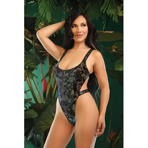 Vibrators Fantasy Lingerie Vibes Eat Me Flash Reactive Mushroom Print Bodysuit wSnap Closure Black